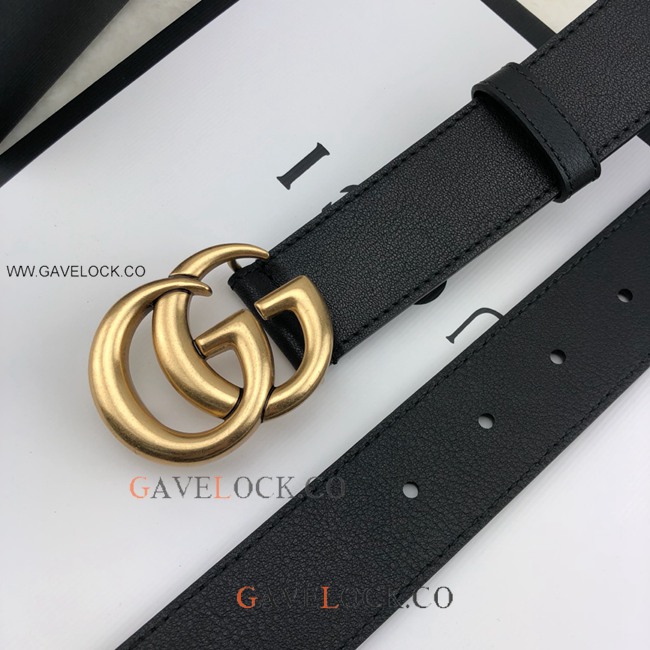 Gucci Black Leather Belt Retro Golden GG Buckle Size 30mm